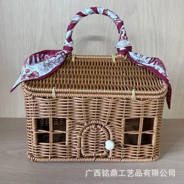 House-Shaped Woven Gift Basket — Textile-trimmed front view