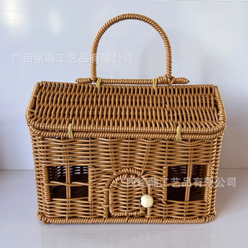 House-Shaped Woven Gift Basket — House-shaped woven basket with a roofline lid, top handle and round front closure—a distinctive reusable format for gift and retail programs.