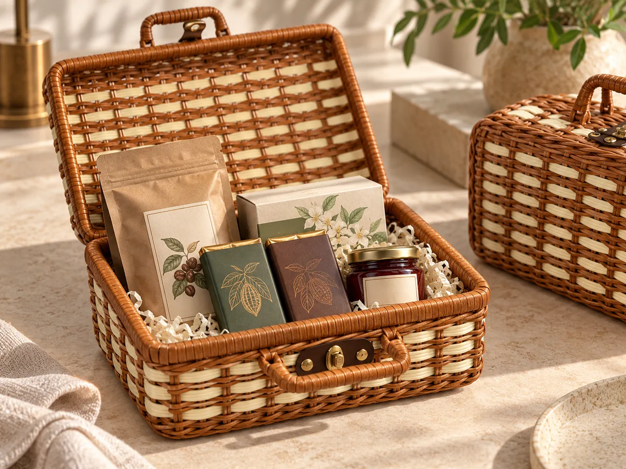 Concept visualization of the GXMD-P011 two-tone woven carry basket open with a coordinated gourmet welcome-gift pack-out.