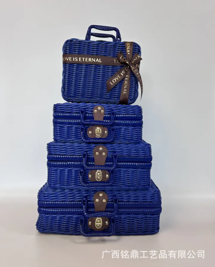 Deep-Blue Lidded Presentation Case — Deep-blue rectangular presentation case with a flat lid, top handle and front clasp; open views show a checked interior lining.