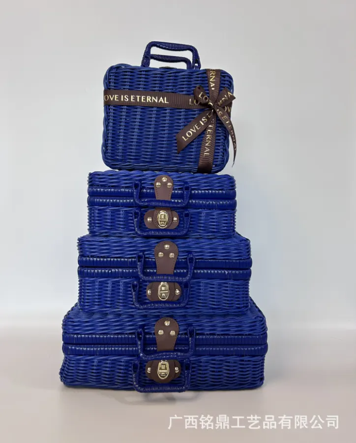 Deep-Blue Lidded Presentation Case — Deep-blue rectangular presentation case with a flat lid, top handle and front clasp; open views show a checked interior lining.