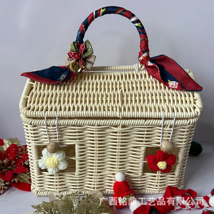 Ribbon-Trimmed House Gift Basket — House-shaped handled basket with a roofline lid, front openings and coordinated ribbon trim for seasonal and campaign gift programs.