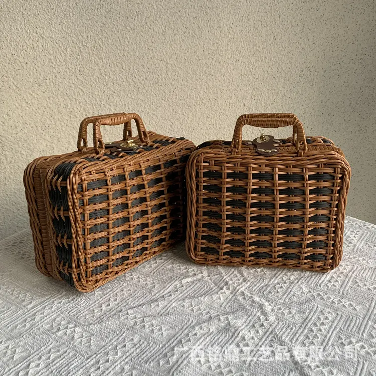 Contrast-Weave Lidded Carry Case — Rectangular lidded carry case with contrasting woven bands, a top handle and front clasp, shown in coordinated color treatments.