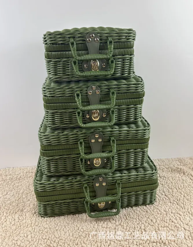 Green-Band Fabric-Accent Case — Compact lidded case with green and pale woven bands, a front clasp and removable textile accent; open and grouped views are available.