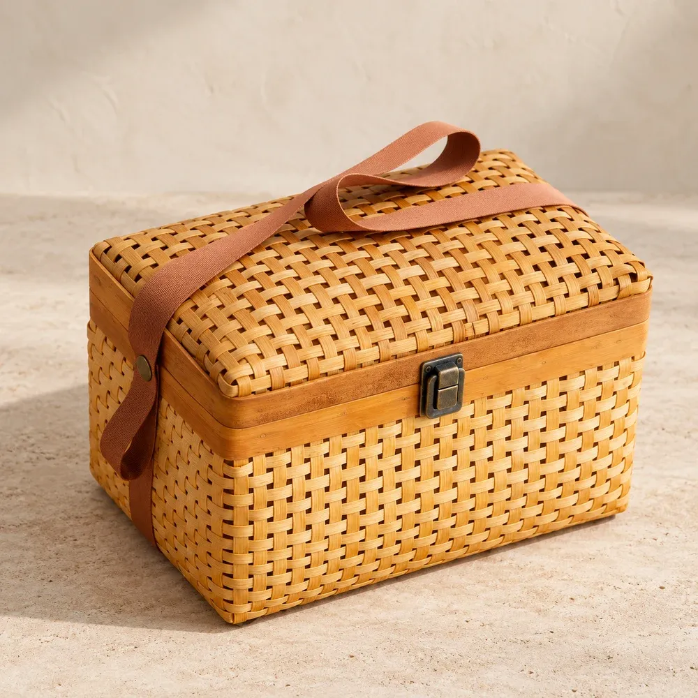 The finished bamboo carry case with its fitted lid, fabric handles and front clasp.