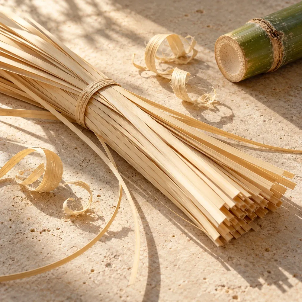 Pale bamboo strips and curled shavings showing the fibers used in bamboo weaving.