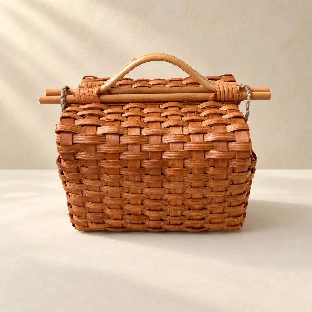 A warm-brown rectangular carry basket made with broad flat woven strips and a low arched handle.