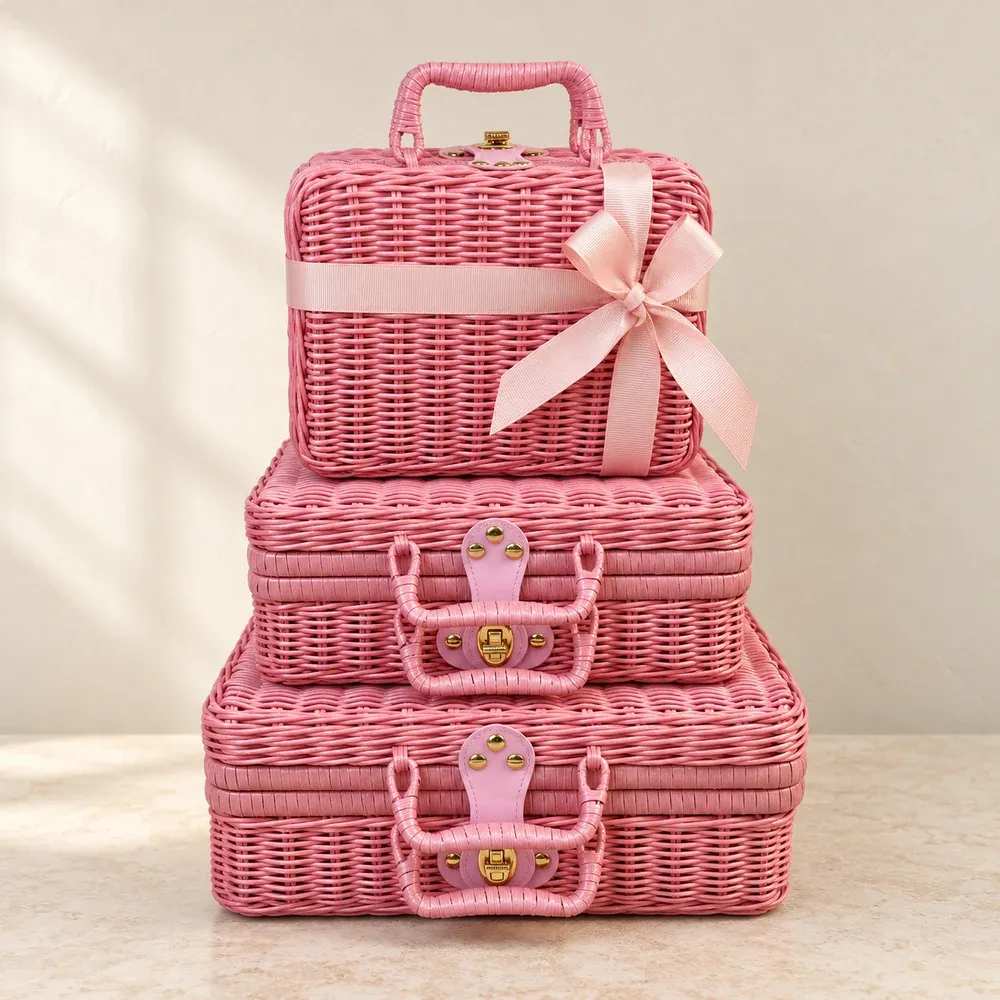 Three pink woven carry cases in coordinated sizes, with a pink ribbon bow on the top case.