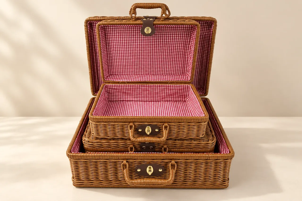 Open brown woven carry cases showing red-and-white gingham fabric lining and brass clasps.