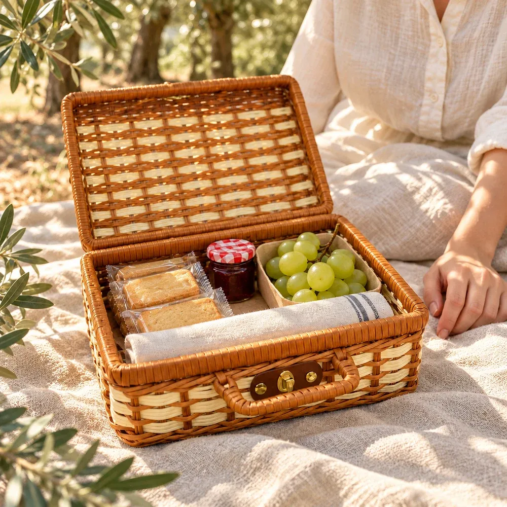 A guest seated beside an open brown-and-ivory woven case containing wrapped biscuits, a small jam jar, grapes and a folded napkin on a picnic blanket.