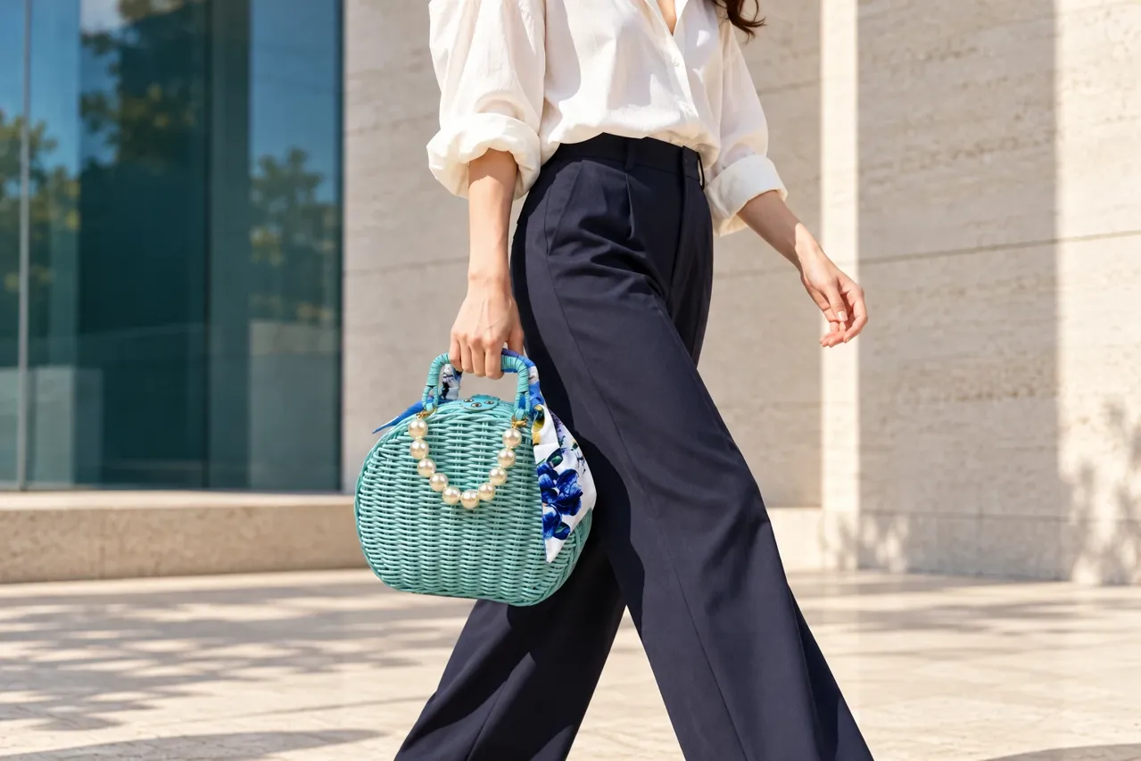 A woman in an ivory shirt and navy trousers carrying the turquoise pearl-trimmed woven case beside a sunlit city gallery.