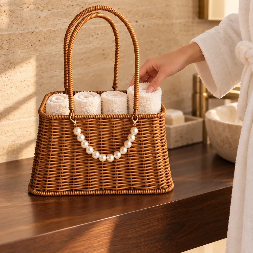 A guest reaching for a small rolled washcloth from a pearl-trimmed open basket on a hotel vanity.