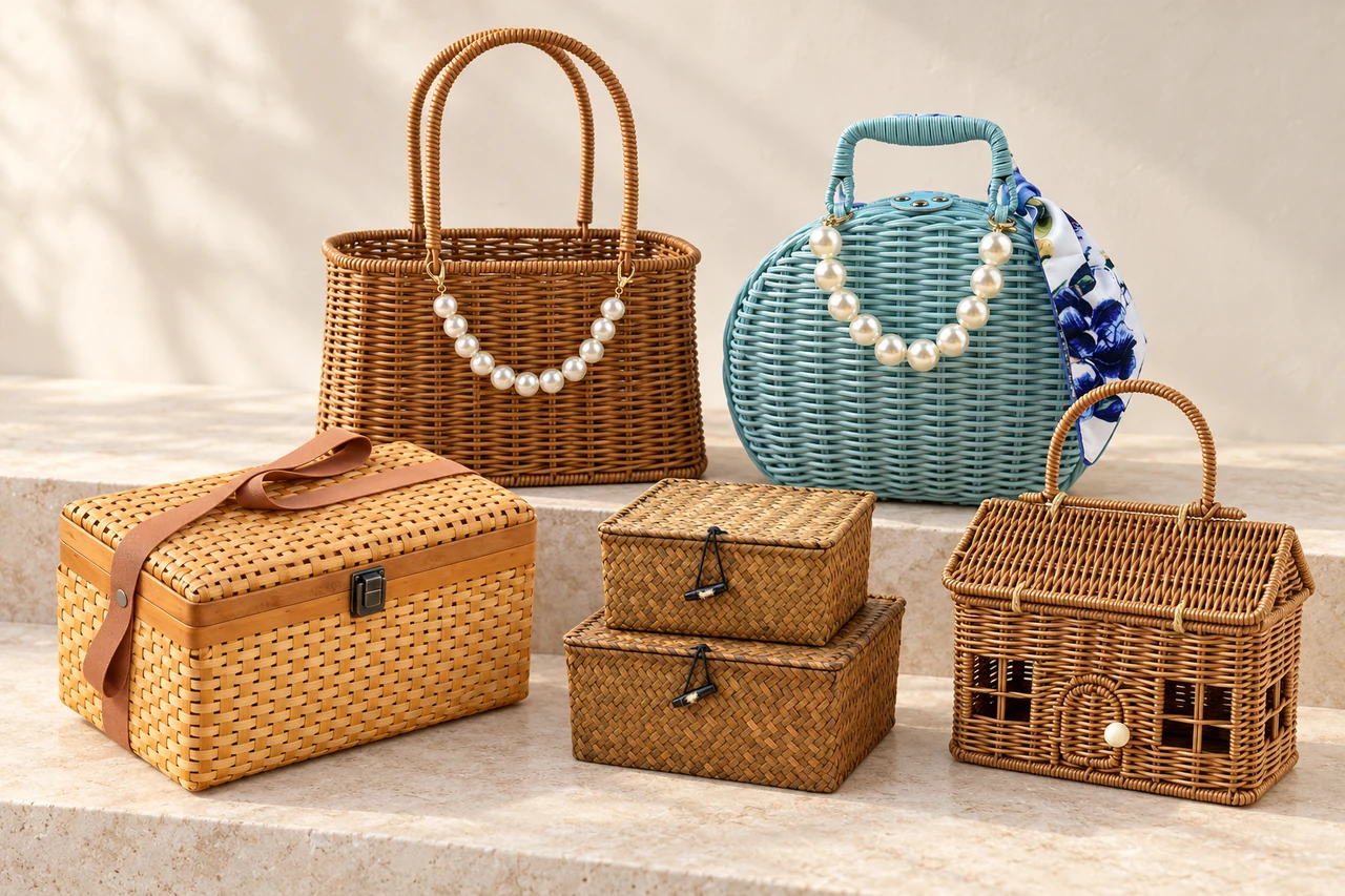 A woven collection showing a bamboo carry case, a house-shaped gift basket, a turquoise carry bag, an open handled basket and small lidded storage boxes.