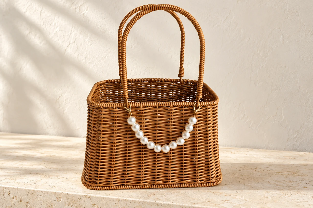 An empty brown open woven basket with two tall loop handles, a tapered opening and a pearl-trimmed front.