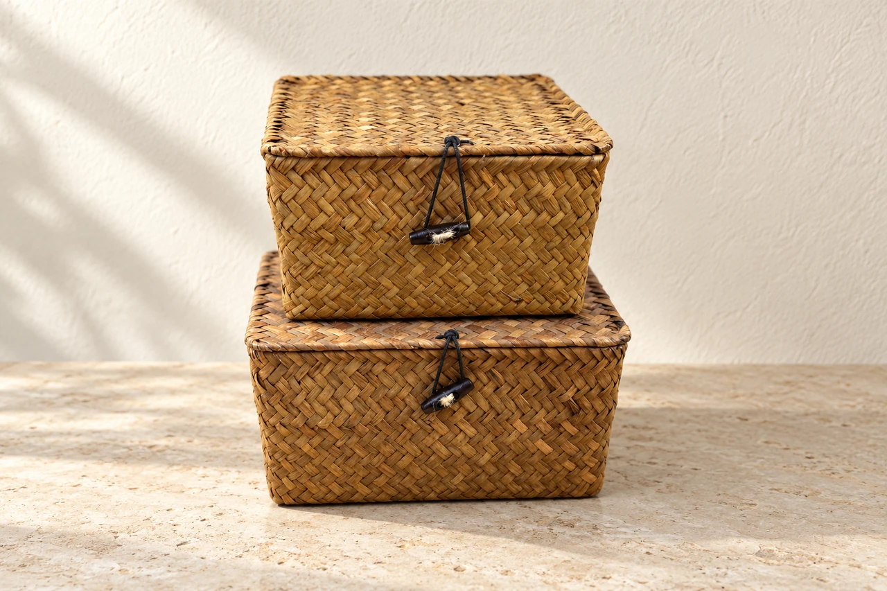 Two small tapered herringbone woven storage boxes with flat lids and dark loop-and-toggle closures.